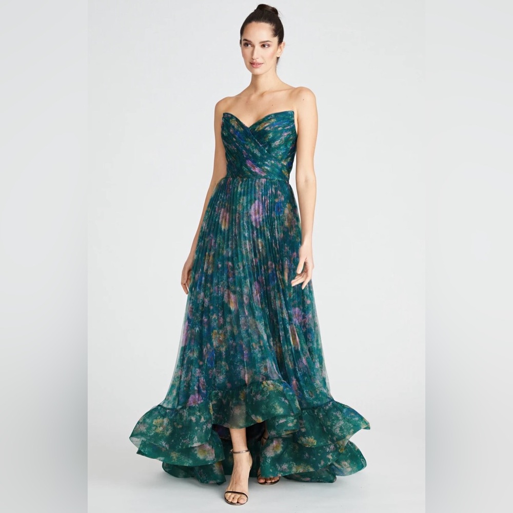 Theia Green Floral Pleated Dress